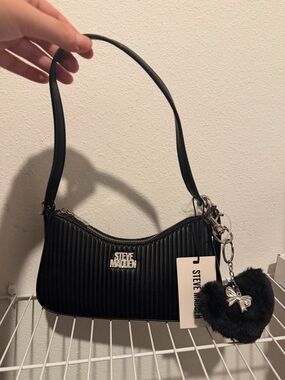 Steve Madden Black Quilted Shoulder Bag with Heart Pom Charm